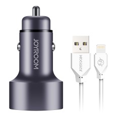 JOYROOM C-M215 5V 2.1A Aluminum Alloy Dual USB Ports Smart Car Charger, with 8 Pin to USB Charger Cable & Current Display