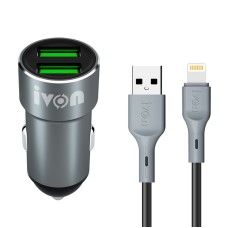 IVON CC38 2.4A Dual USB Car Charger + 1m USB to 8 Pin Fast Charge Data Cable Set