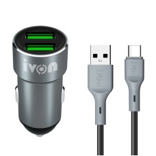 IVON CC38 2.4A Dual USB Car Charger + 1m USB to USB-C / Type-C Fast Charge Data Cable Set