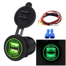 Universal Car Dual USB Charger Power Outlet Adapter 4.2A 5V IP66 with Aperture + 60cm Cable(Green Light)