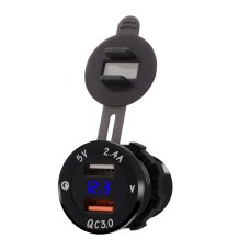 Universal Car QC3.0 Dual Port USB Charger Power Outlet Adapter 5V 2.4A IP66 with LED Digital Voltmeter(Blue Light)