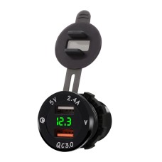 Universal Car QC3.0 Dual Port USB Charger Power Outlet Adapter 5V 2.4A IP66 with LED Digital Voltmeter(Green Light)
