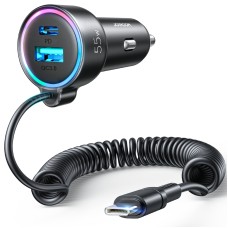 JOYROOM JR-CL07 3 in 1 55W PD USB-C / Type-C + USB Interface Car Charger with USB-C / Type-C Spring Data Cable(Black)