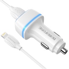 Borofone BZ14 12W Dual USB Ports Car Charger with Ambient Light + 1m USB to 8 Pin Data Cable Set(White)