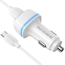 Borofone BZ14 12W Dual USB Ports Car Charger with Ambient Light + 1m USB to Micro USB Data Cable Set(White)