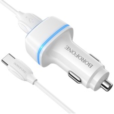 Borofone BZ14 12W Dual USB Ports Car Charger with Ambient Light + 1m USB to USB-C / Type-C Data Cable Set(White)