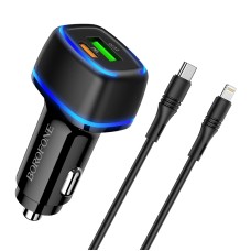 Borofone BZ14A PD 20W USB-C / Type-C + QC 3.0 USB Ports Car Charger with Ambient Light + 1m USB-C / Type-C to 8 Pin Data Cable Set(Black)