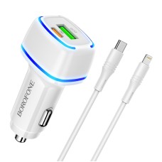Borofone BZ14A PD 20W USB-C / Type-C + QC 3.0 USB Ports Car Charger with Ambient Light + 1m USB-C / Type-C to 8 Pin Data Cable Set(White)