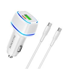 Borofone BZ14A PD 20W USB-C / Type-C + QC 3.0 USB Ports Car Charger with Ambient Light + 1m USB-C / Type-C to USB-C / Type-C Data Cable Set(White)