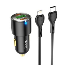 hoco NZ6 Dual Type-C / USB-C + USB PD45W 3-port Car Charger with Type-C / USB-C to 8 Pin Charging Cable(Black)