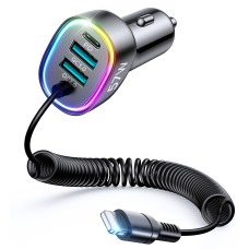 JOYROOM JR-CL20 57W 4 in 1 Car Charger with 8 Pin Coiled Data Cable(Black)