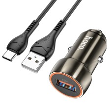 hoco Z46 Blue Shield Single Port QC3.0 Car Charger Set with Type-C Cable(Metal Grey)