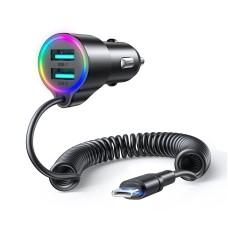 JOYROOM JR-CL24 3.4A 3-in-1 Car Charger with Coiled Type-C Cable(Black)