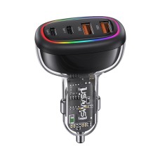 USAMS US-CC169 C34 PD30W+QC3.0 120W 4-port Transparent Car Fast Charger with Colorful Lights(Black)