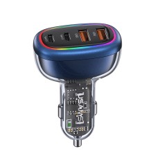 USAMS US-CC169 C34 PD30W+QC3.0 120W 4-port Transparent Car Fast Charger with Colorful Lights(Blue)