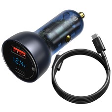 Baseus 65W Digital Display QC + PPS Quick Charge Type-C / USB-C + USB CAR Зарядное устройство с кабелем 1M Type-C (серый)