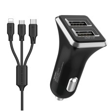 WK WP-C19 3.1A Dual USB  3 in 1 8 Pin / Micro USB / USB-C / Type-C Data Cable + Spyker Car Charger (Black)