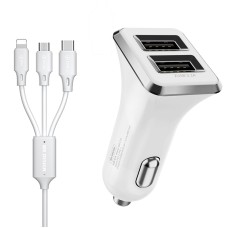 WK WP-C19 3.1A Dual USB  3 in 1 8 Pin / Micro USB / USB-C / Type-C Data Cable + Spyker Car Charger (White)