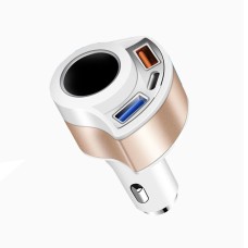 4 in 1 QC3.0 USB + Type-C + Cigarette Hole with Safety Hammer Function Car Charger(Golden)