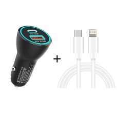 XJ-038 PD + QC3.0 Dual Port Fast Charging Car Charger with 8 Pin Data Cable