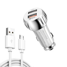 YSY-310QC18W QC3.0 Dual Port USB Car Charger + 3A USB to Micro USB Data Cable, Cable Length: 1m(White)