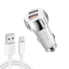 YSY-310QC18W QC3.0 Dual Port USB Car Charger + 3A USB to USB-C / Type-C Data Cable, Cable Length: 1m(White)