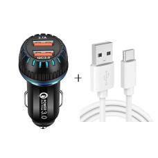 YSY-349 QC3.0 Dual Port USB Car Charger + 3A USB to USB-C / Type-C Data Cable, Length: 1m(Black)