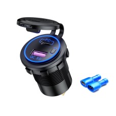 Car Motorcycle Ship Modified USB Charger Waterproof PD + QC3.0 Fast Charge, Model: Blue Light With Terminal