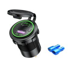 Car Motorcycle Ship Modified USB Charger Waterproof PD + QC3.0 Fast Charge, Model: Green Light With Terminal