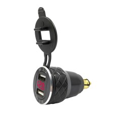 Car Motorcycle USB Charger Metal With Voltage Display Car Charger EU Plug(Black Red Display)