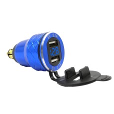 Car Motorcycle USB Charger Metal With Voltage Display Car Charger EU Plug(Blue Blue Display)
