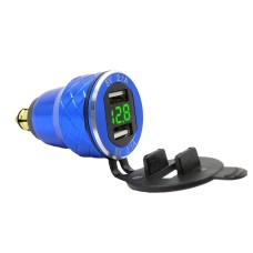 Car Motorcycle USB Charger Metal With Voltage Display Car Charger EU Plug(Blue Green Display)