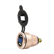 Car Motorcycle USB Charger Metal With Voltage Display Car Charger EU Plug(Golden Blue Display)