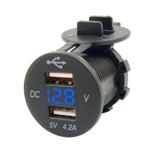 4.2A Dual USB With Voltage Display Mobile Phone Charger Socket Power Supply 12V Car Motorcycle(Blue Light)