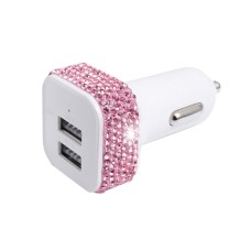 Diamond-Studded Dual USB Cigarette Lighter Car Charger(Pink)