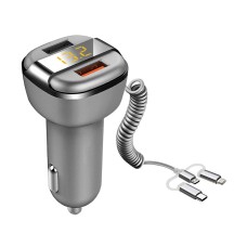 AY-T52Q 3 In 1 QC3.0 Dual USB Digital Display Car Charger with 1m USB-C / Type-C + 8 Pin + Micro USB Data Cable(Gray)