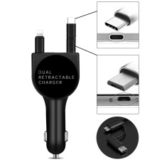 3 In 1 3.1A Dual USB Single Pull Retractable Fast QC3.0 Car Charger(Black)
