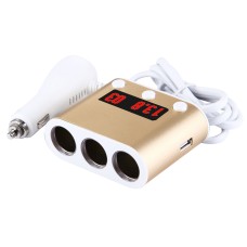 5V / 2.4A & Quick Charge 2.0 USB Port + Triple Cigarette Lighter Socket with Battery Voltage & Temperature Display Car Charger(Gold)
