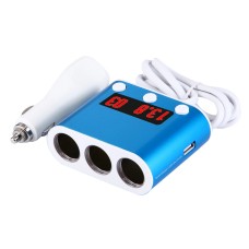 5V / 2.4A & Quick Charge 2.0 USB Port + Triple Cigarette Lighter Socket with Battery Voltage & Temperature Display Car Charger(Blue)