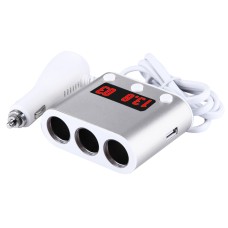 5V / 2.4A & Quick Charge 2.0 USB Port + Triple Cigarette Lighter Socket with Battery Voltage & Temperature Display Car Charger(Silver)