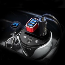 HSC YC-19D Car Cup Charger 2.1A/1A Dual USB Ports Car 12V-24V Charger with 2-Socket Cigarette, Card Socket and LED Display(Silver)