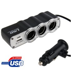 WF-0120 12V / 24V 3-й тройной розетки USB CAR Sigarette Splitter Зарядное устройство (черное)