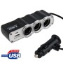 WF-0120 12V / 24V 3 Way Triple Sockets USB Car Cigarette Lighter Socket Splitter Charger(Black)