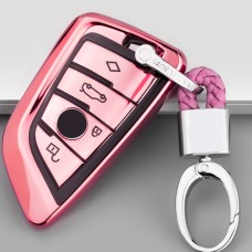 TPU One-piece Electroplating Full Coverage Car Key Case with Key Ring for BMW X5 / X6(Pink)