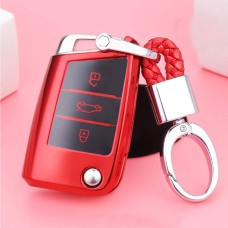 TPU One-piece Electroplating Opening Full Coverage Car Key Case with Key Ring for Volkswagen Golf / Tiguan L / Touran L / Lavida PLUS / Teramont / Lamando / T-ROC / SPORTSVAN / T-Cross (Red)