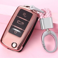 TPU One-piece Electroplating Opening Full Coverage Car Key Case with Key Ring for Volkswagen Lavida / SAGITAR / Jetta / C-TREK / BORA / Tiguan / Santana / POLO (Pink)