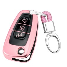 TPU One-piece Electroplating Opening Full Coverage Car Key Case with Key Ring for Ford FOCUS / KUGA(Pink)