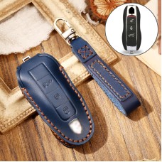 Hallmo Car Cowhide Leather Key Protective Cover Key Case for Porsche Macan 718 2021 A Style (Blue)