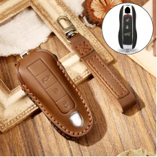 Hallmo Car Cowhide Leather Key Protective Cover Key Case for Porsche Macan 718 2021 A Style (Brown)