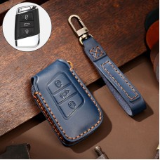 Hallmo Car Cowhide Leather Key Protective Cover Key Case for Volkswagen Lavida A Style (Blue)